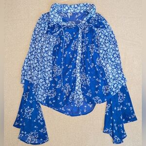 Free People Serena Blue Floral Patterned Flowy Bell Sleeve Button Down Shirt